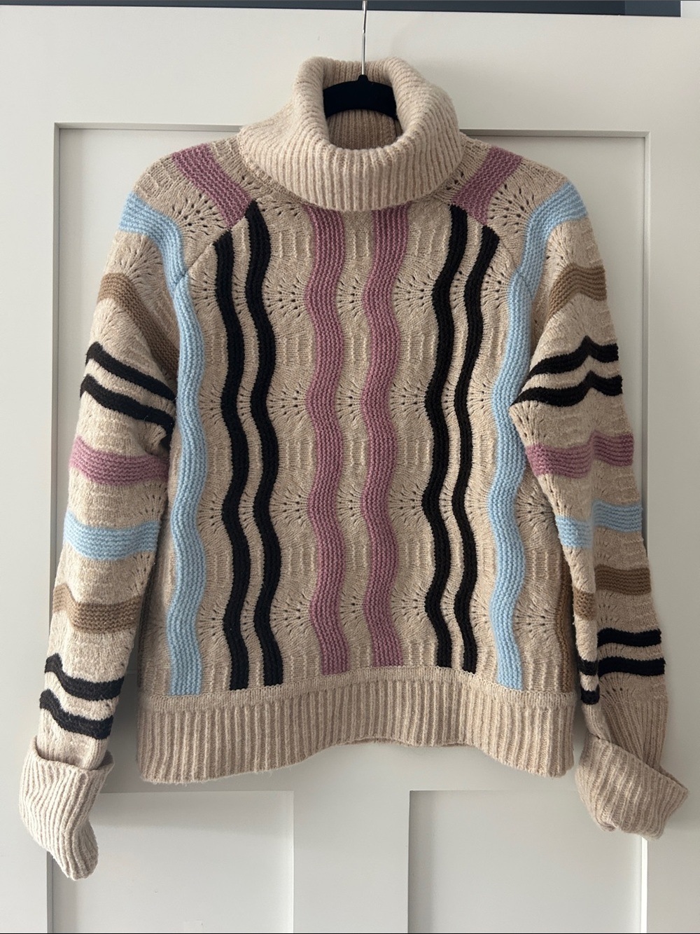 Aspen Turtleneck Stripe Knit Sweater in Beige with Pink, Blue and Black